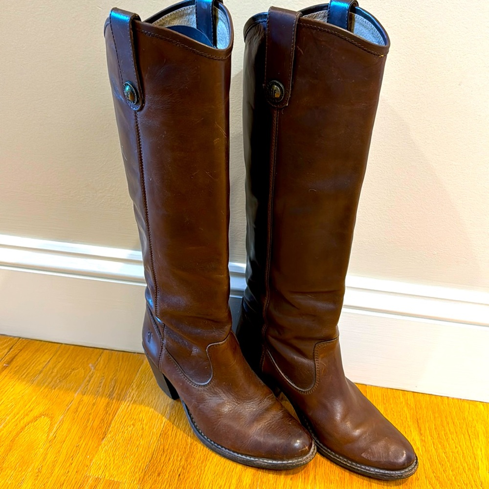 Frye boots!!!  Gorgeous, knee-high, brown, leather stacked heel Frye boots.